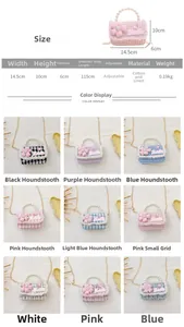 Size chart for cute girl's pearl handle handbag with floral details and chain strap