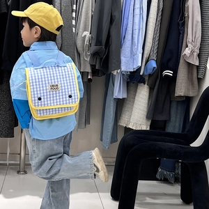 Kids plaid canvas backpack in blue and white with yellow contrast trim and UBUB label