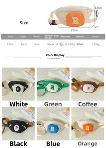 Size chart for kids nylon crossbody bag showing 23x13x6cm dimensions and six color options