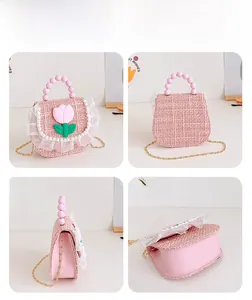 Detailed multi-angle view of pink tweed kids handbag with tulip decor and pearl handle