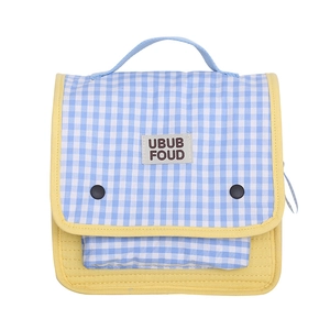 Kids cute blue striped canvas backpack with yellow color block and button details