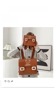 Detail view of two brown faux leather bear backpacks showing size comparison and retro style