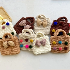Kids Crochet Handbag Mini Toddler Girls Chunky Knit Tote Bag With Gingham Bow And Colorful Pom Poms Cute Fashion