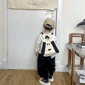 Cartoon puppy small canvas backpack for kids with cute dog design and color block straps