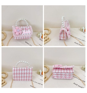 Detailed views of girls pink tweed crossbody bag with pearl handle and floral accent