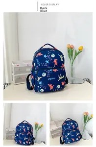 Detail view of deep blue dinosaur print backpack with durable zippers and handle