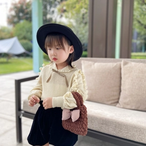 Winter girls knitted top and velvet skirt set with matching hat and bow handbag