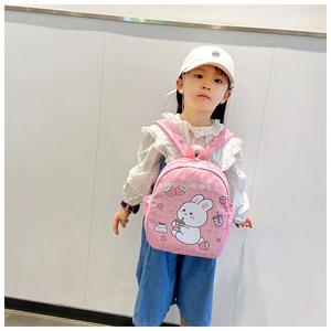 Zaino per bambini a scacchi rosa con simpatica stampa di coniglio e tasca laterale a rete