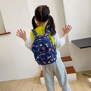Kids navy canvas backpack with cartoon dinosaur print and double zipper compartments