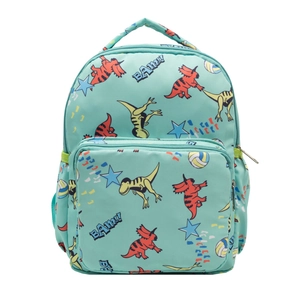 Mint green kids dinosaur backpack with orange triceratops and yellow T-Rex prints