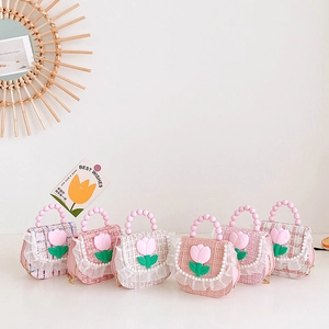 Girls Mini Shoulder Bag Tweed Lace Tulip Decor Crossbody Handbag Beaded Handle Metal Chain Princess Sweet For Kids