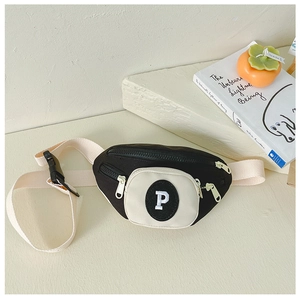 Detail of kids black and white contrast fanny pack with letter P embroidery and strap