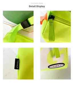 Detailansicht der neongrünen Kindertasche mit verstellbarem Gurt und Logo-Buchstabendruck
