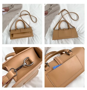 Detailed views of light brown rectangular crossbody bag featuring adjustable straps and pockets