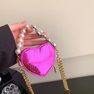 Mini Sac Bandoulière En Forme De Coeur Texture Crocodile Cuir PU Poignée En Künstliche Perle Chaîne Dorée Sac À Main Femme