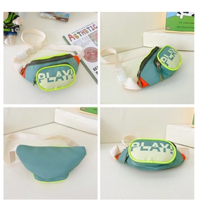 Multi-angle views of kids' blue nylon fanny pack with PLAY text and orange details
