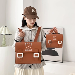 Brown PU leather backpack and handbag set with cute bear print and Stay Cute slogan