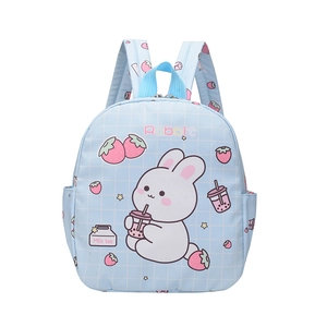 Zainetto per bambini azzurro in tela con stampe di coniglio e fragole