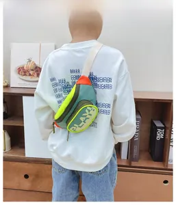 Detailed back view of a colorful kids nylon crossbody bag with PLAY! lettering print