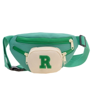 Kids green and white crossbody chest bag with R letter patch and adjustable strap