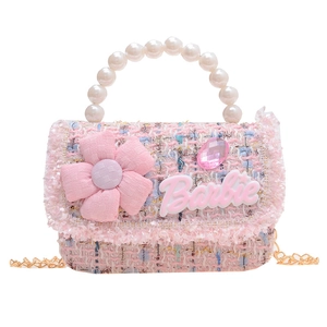 Pink and blue tweed girl's crossbody bag with pearl handle and floral accent