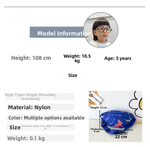 Infografica con dimensioni e dettagli in nylon per il marsupio blu con dinosauro bimbo