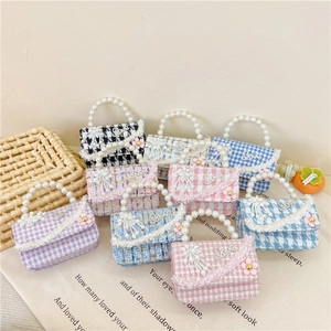 Mädchen Mini Umhängetasche Tweed Künstliche Perlengriff Spitze Love Metallkette Handtasche Süß Mode Kinder Accessoire