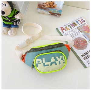 Detail of kids fanny pack with PLAY text, bright blue and orange color with adjustable strap