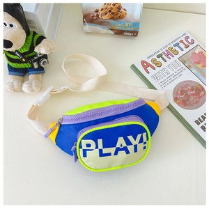 Detailed view of colorful kids chest bag featuring vibrant blue nylon and Play text