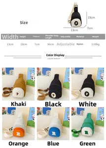Size chart and multi-color options for nylon crossbody chest bag with letter print