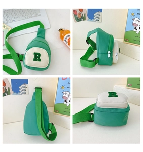 Detail views showing green and beige nylon crossbody chest bag with plush R patch