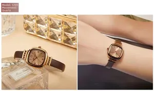 Women's square rose gold watch with brown leather strap displayed in a luxury gift setting
