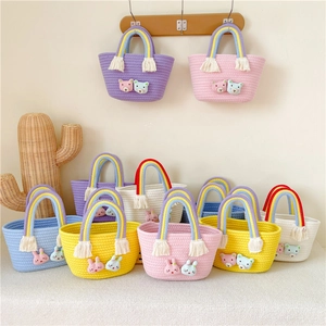 Sac À Main Tissé Enfant Corde Coton Poignée Arc-En-Ciel Gland Patch Animal Dessin Animé Mignon Mini Sac Panier Filles