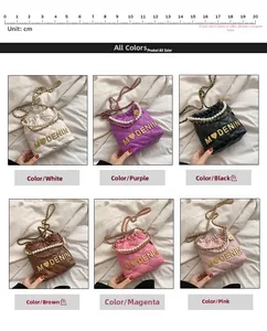 Quilted mini bags in six colors with pearl straps and size scale reference for kids
