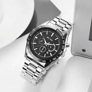 Herren-Quarzuhr mit silbernem Stahlband, schwarzem Chronographenzifferblatt und Datum