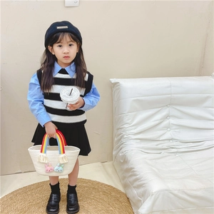 Mini sac panier tissé à la main avec poignées arc-en-ciel et lapin mignon pour filles
