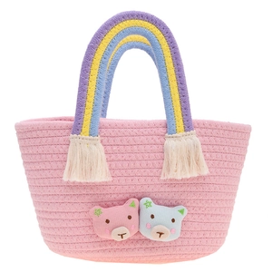 Mini panier tissé rose pour filles avec poignée arc-en-ciel et breloques oursons