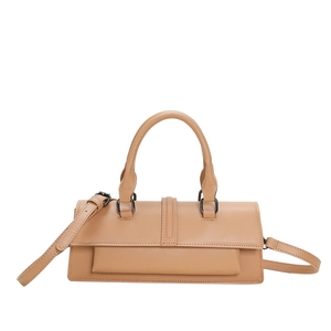 Minimalist camel leather handbag with curved handle and adjustable shoulder strap