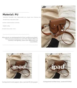 Mini sac selle marron en cuir PU pour filles montrant les dimensions et détails précis