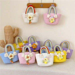 Sac À Main Tissé Pour Enfants Coton Lin Décoration Tournesol Poignée Arc-en-Ciel Franges Sac À Bandoulière Filles