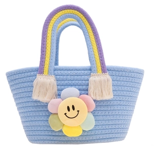 Joli sac à main tissé bleu pour filles avec anses arc-en-ciel et fleur de tournesol
