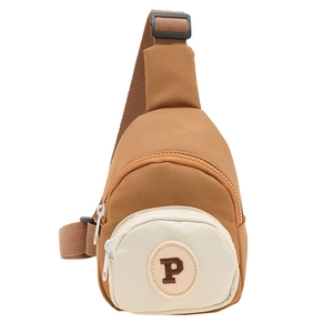 Kids nylon crossbody chest bag with brown and cream color block design and P patch