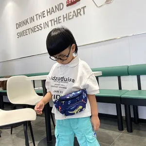 Marsupio per bambini in tela blu navy con stampa di dinosauro verde e tracolla regolabile