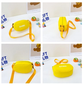 Four-angle view of a bright yellow canvas crossbody bag featuring white GAME letters