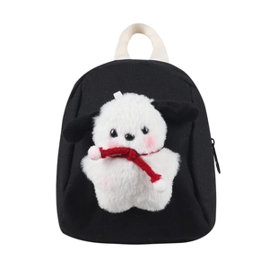 Cute black canvas toddler backpack with a small white plush puppy wearing a red scarf