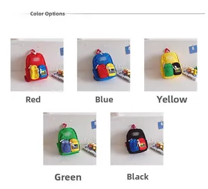 Detail view of colorful canvas kids backpacks with contrast pockets in five color options