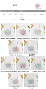 Detailed size specifications for kids pearl handbag with flower and bow designs