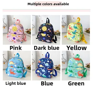 Selection of six colorful cartoon dinosaur and space themed toddler canvas backpacks