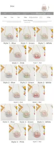 Detailed size chart and multi-color selection for kids pearl bow handle mini crossbody bags