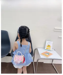 Sac à bandoulière rose pailleté pour filles avec poignée en perles et nœud d'Elsa
